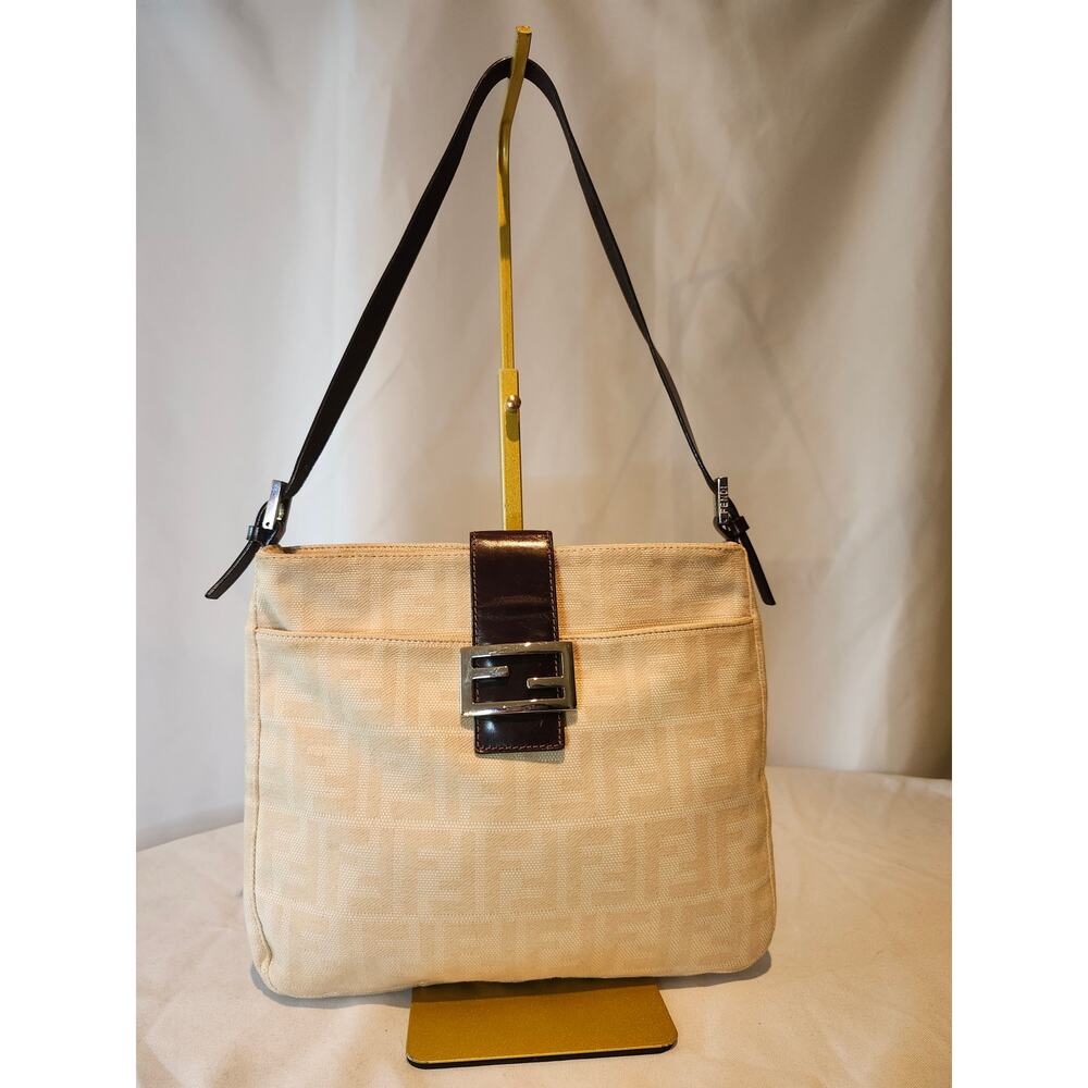 Fendi Zucca Mamma Baguette Cream Beige Canvas Shoulder Bag Brown Leather Trim